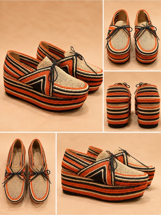 Gabriela Hearst Shoes - Gabriela Hearst Striped Woven Platform Loafers in Orange, Black and Natural